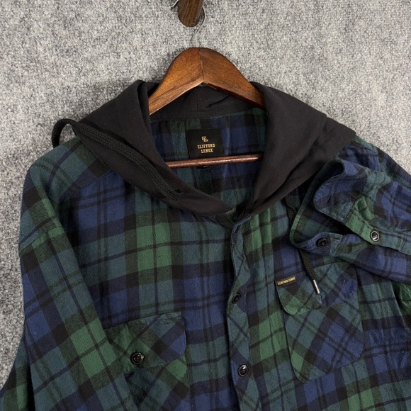 Clifford Lenox Mens Extra Large XL Flannel Hoodie Long Sleeve Blue Green Plaid - Picture 1 of 6